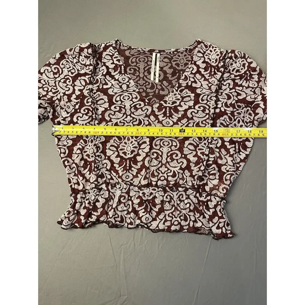 By Anthropologie Jacquard Peasant Blouse Medium Burgundy Cropped Sheer